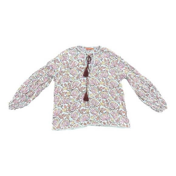 Oliphant Matera Top Balloon Sleeve Tie Pink Floral Peasant Hippie Boho Size XL - Picture 1 of 5
